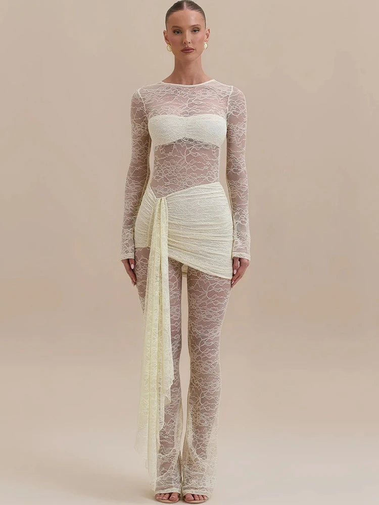 Lace Mesh Ruched Draped Jumpsuit