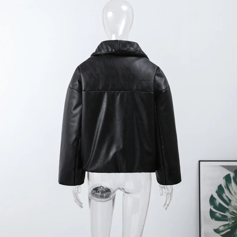 PU Leather Women's Cotton Coat Vintage Laple Full Sleeve Thicken Pockets Female Parka Jackets 2025 Autumn Winter Lady Streetwear