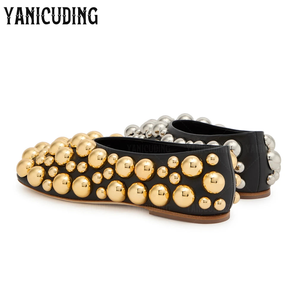 Metallic Stud Embellished Square Toe Ballet Flats for Women