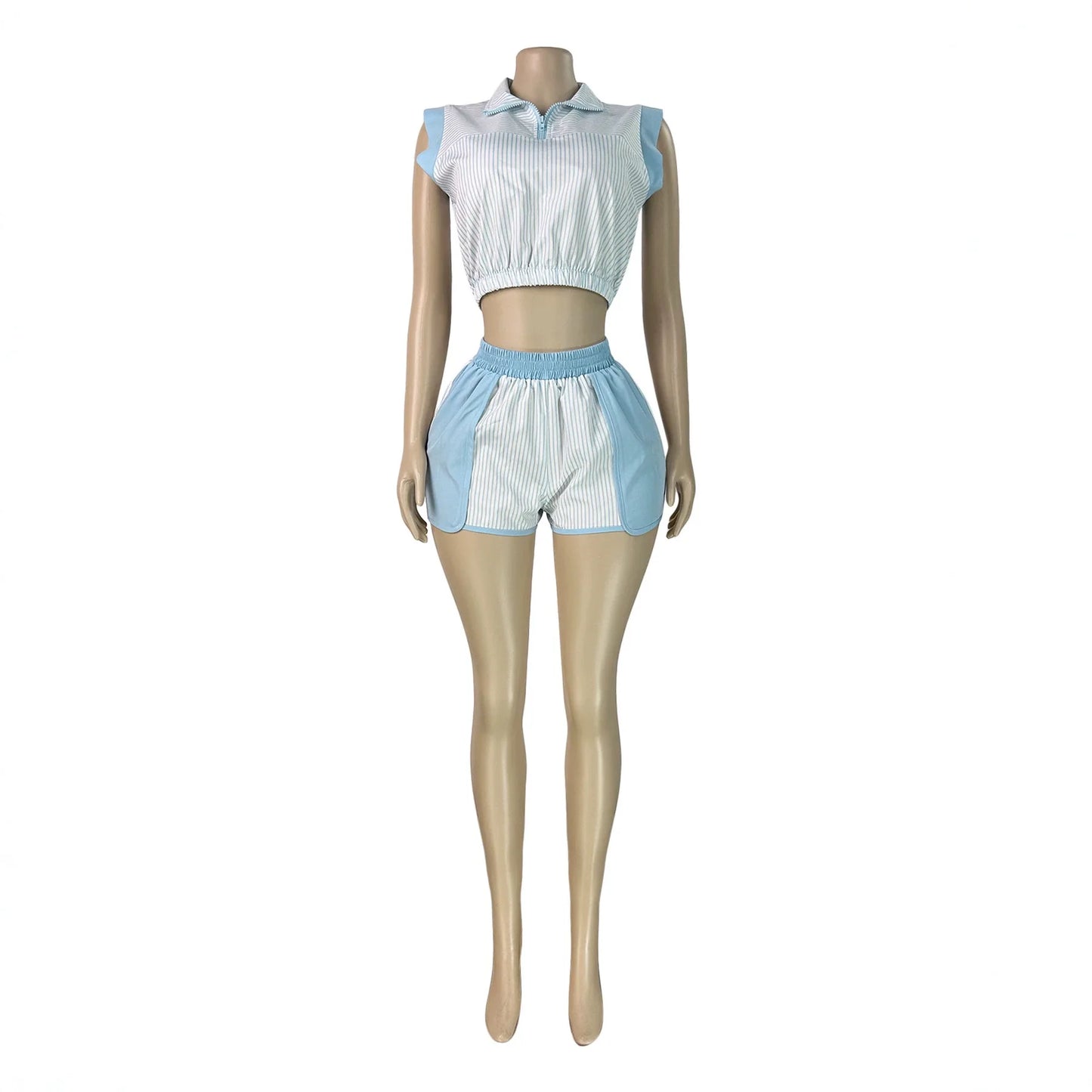 Striped Patchwork Crop Top and Shorts Set for Women