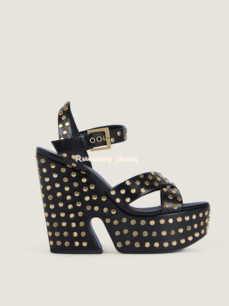 Rivet Open Toe Waterproof Buckle Sandals With Chunky Heel for Women