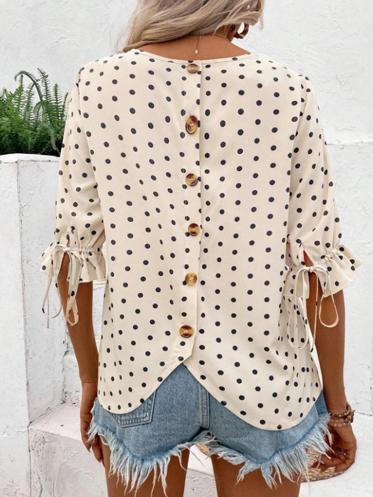 Women's Polka Dot Print Round Neck Sleeveless Shirt Spring Summer Design with Buttons and Drawstring Cuffs