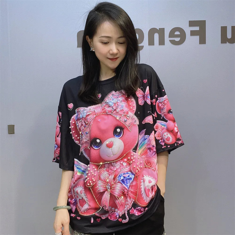 Cartoon Bear Heavy Industry Bead Crew Neck Short Sleeve T-Shirt Summer Printed Fashion Half Sleeve Top Women's Clothing