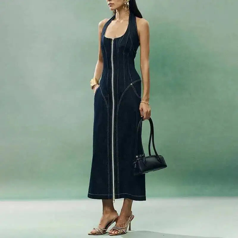ANJY Summer New Women's Tide High Street Y2K Chic Trendy Sleeveless Halter Neck Backless Waist Cinching Zipper Denim Dress A8053