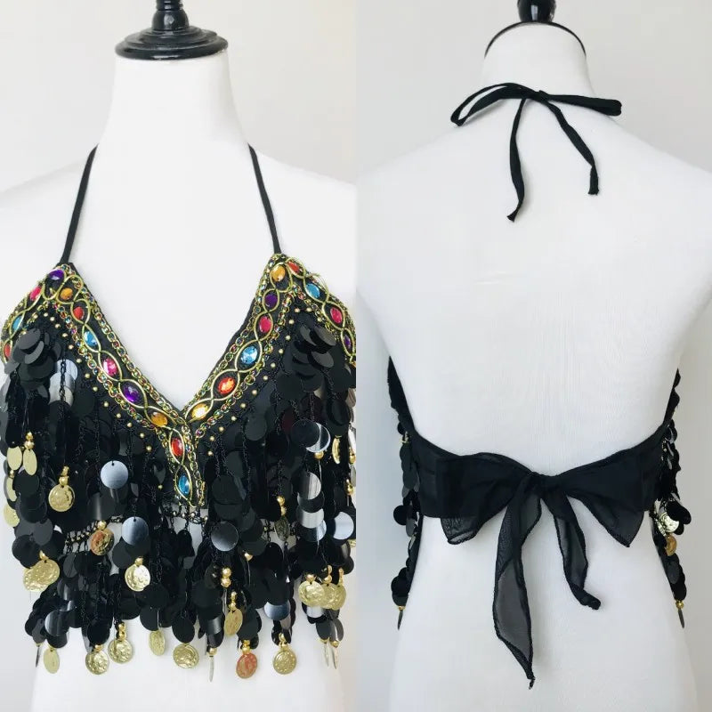 Shiny Colored Sequin Diamond Halter Crop Top for Women