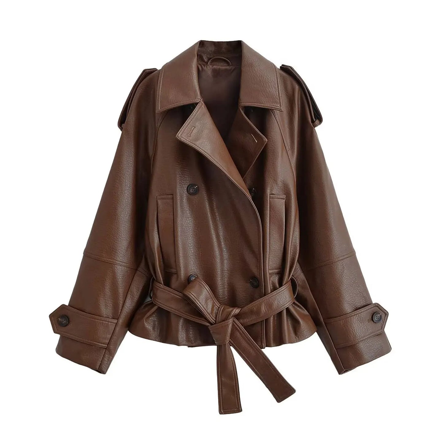 Oversized Double Breasted Faux Leather Lace Up Jacket for Women
