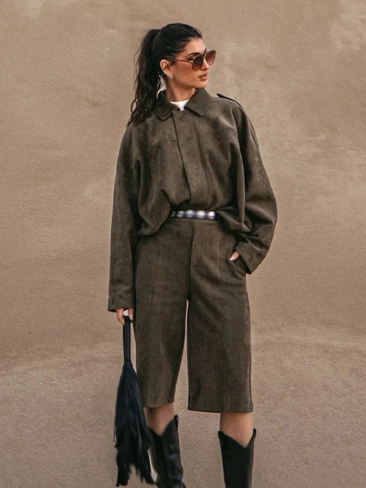 Retro Suede with Zipper Short Jacket Set for Women