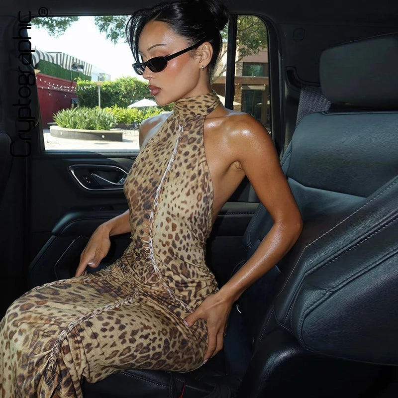 Halter Neck Leopard Print Backless Maxi Dress for Women