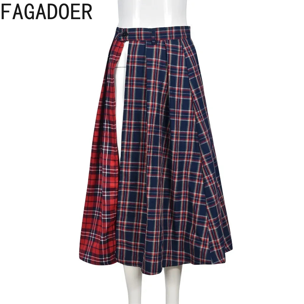 FAGADOER Fashion Streetwear Women High Waisted Plaid Splicing Print Side Slit Mid Skirts Casual Female Y2K Matching Bottoms 2023