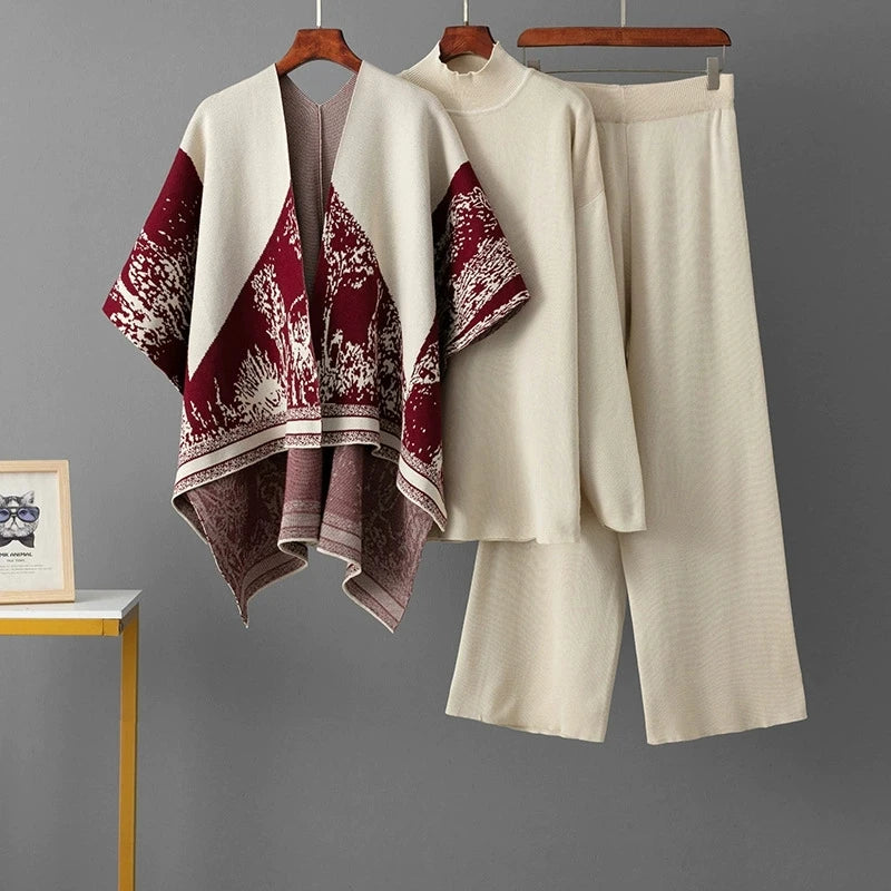 Loose Jacquard Knit Sweater and Wide Leg Pants Set for Women