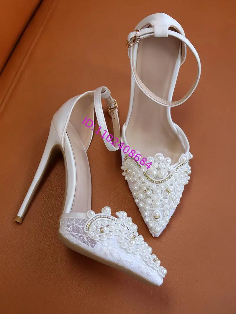 White Pearl Lace Pointed Toe Plus Size High Heel Wedding Shoes For Women