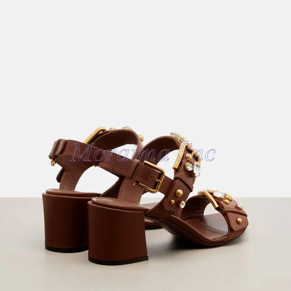 Crystal Embellished Gold Buckle Chunky Heel Sandals For Women