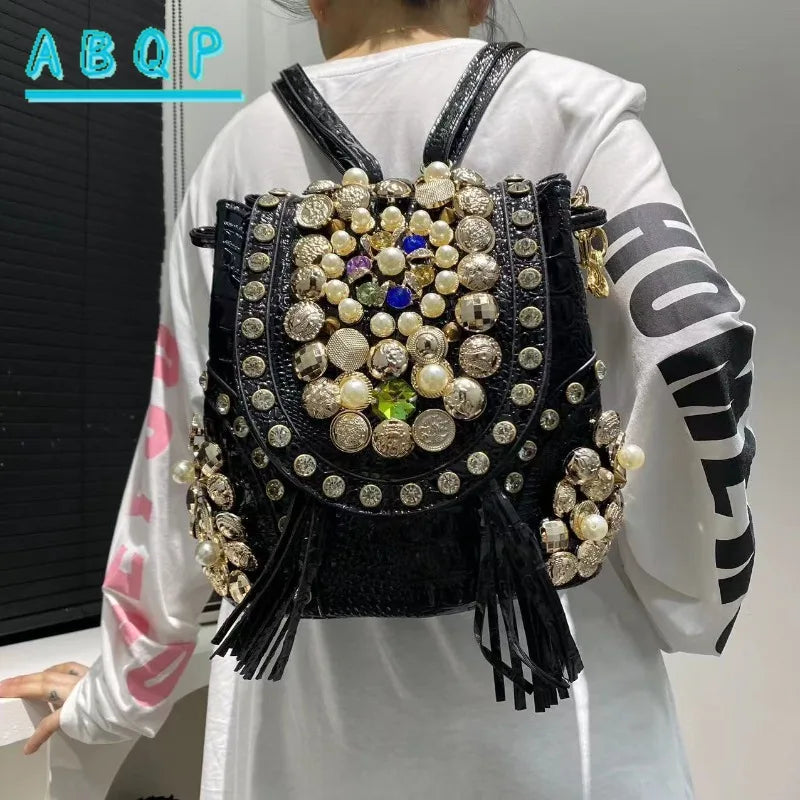 Women's New Backpack Elegant Diamond-encrusted Backpacks Multi-functional Beaded Trendy Crossbody Bucket Bag Large Capacity
