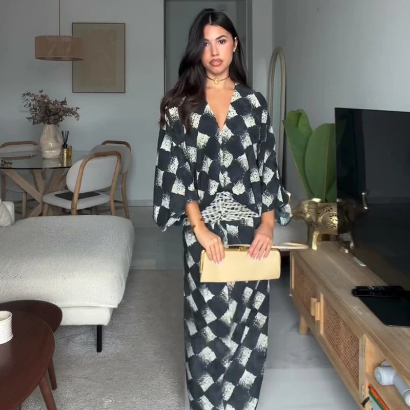 Casual Patchwork Print V Neck Maxi Dress for Women