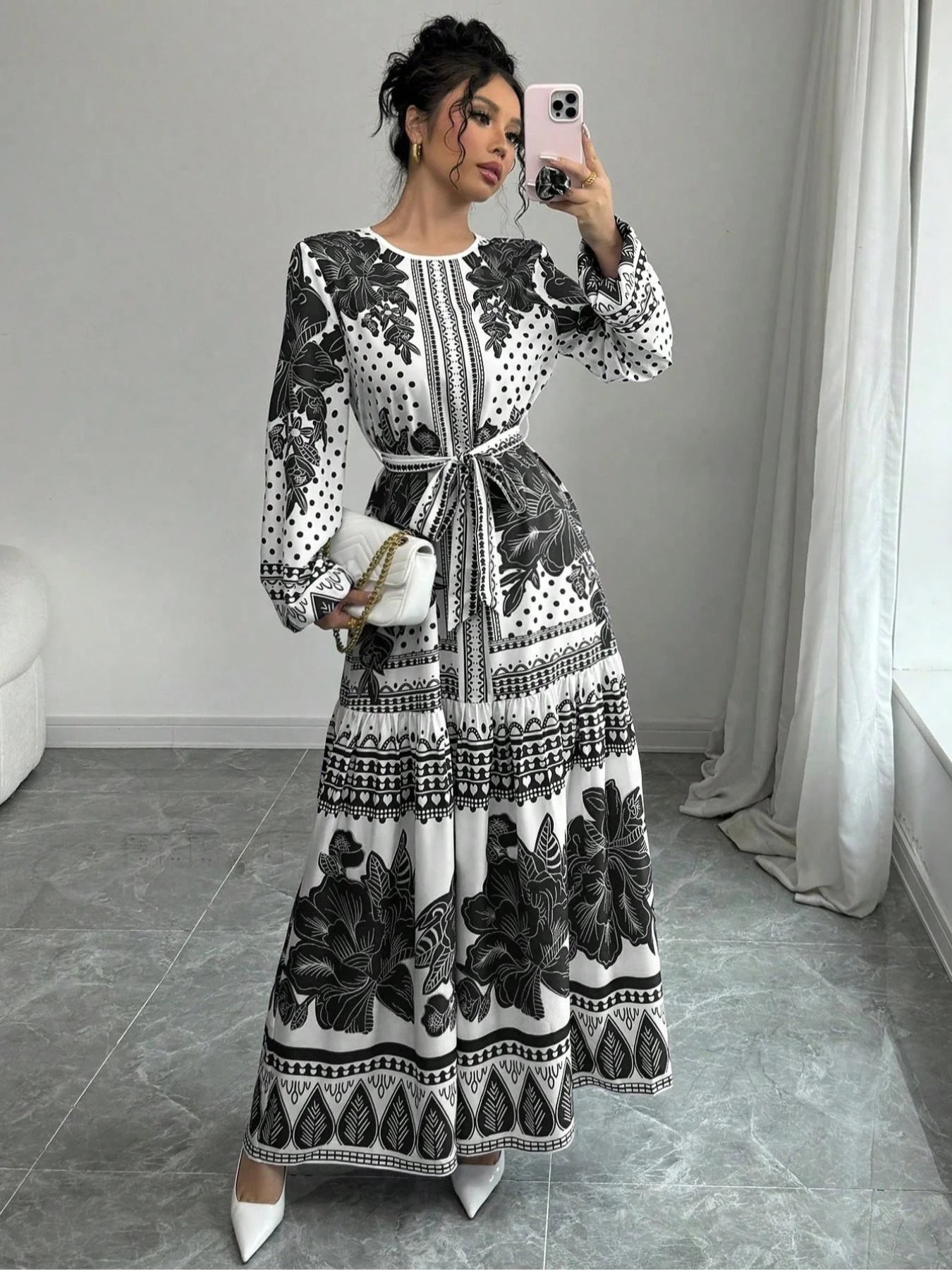 Women's Floral Print Belted Dress, Elegant Fashion Casual Long Sleeve Dress for Daily Outdoor Wear, Women Dress for Summer