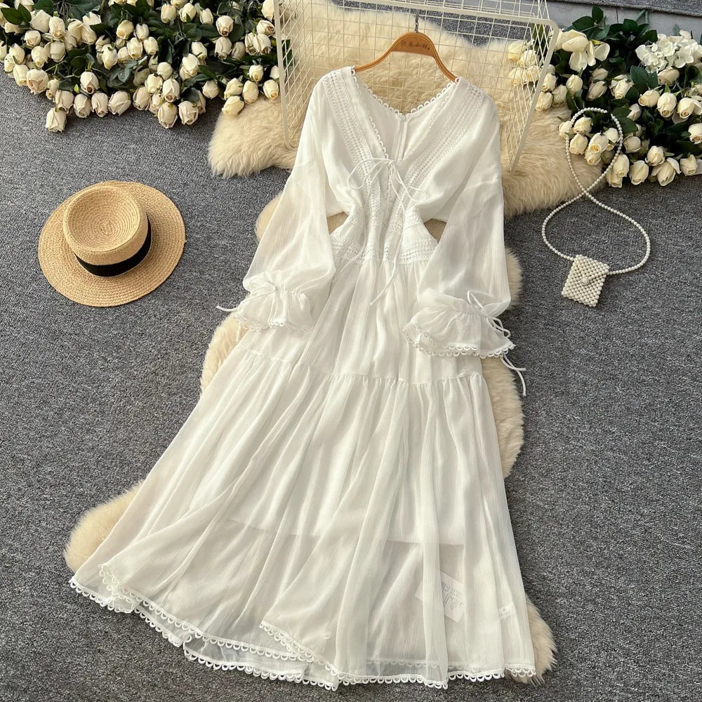 Elegant French V-Neck Waist-Cinching Maxi Dress for Women