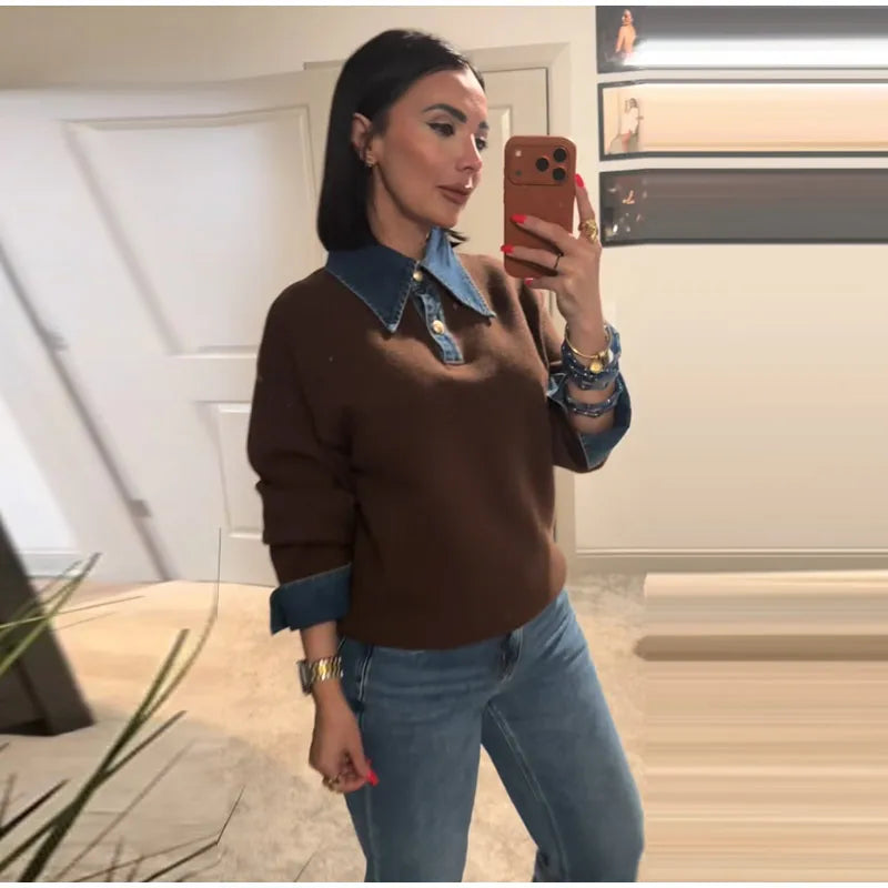 Long Sleeve Denim Collar Half Button Knit Top For Women
