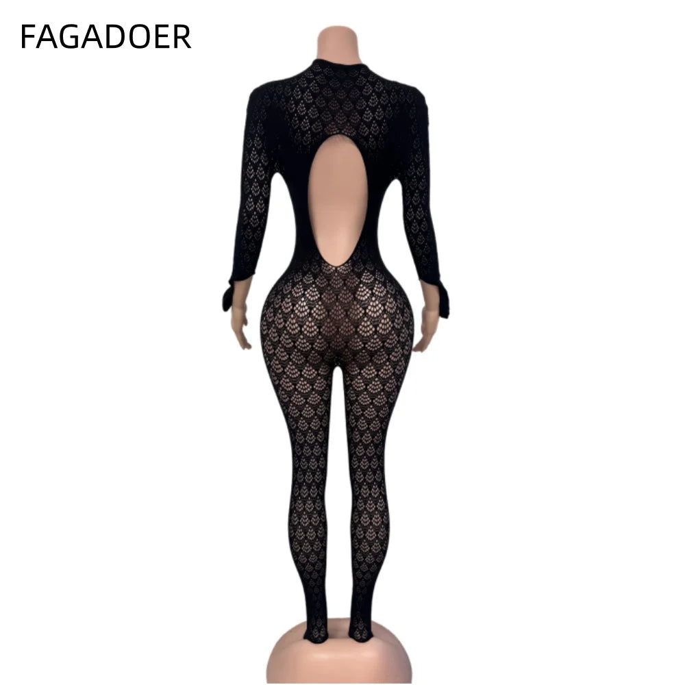 See Through Lace Hollow Out Patchwork Bodycon Jumpsuit for Women