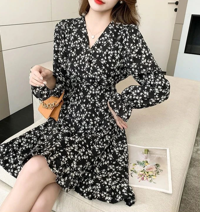Floral Woman Long Sleeve Dress Chic And Elegant Pretty High Quality Flower Luxury Outfits Casual Youth Midi Dresses for Women