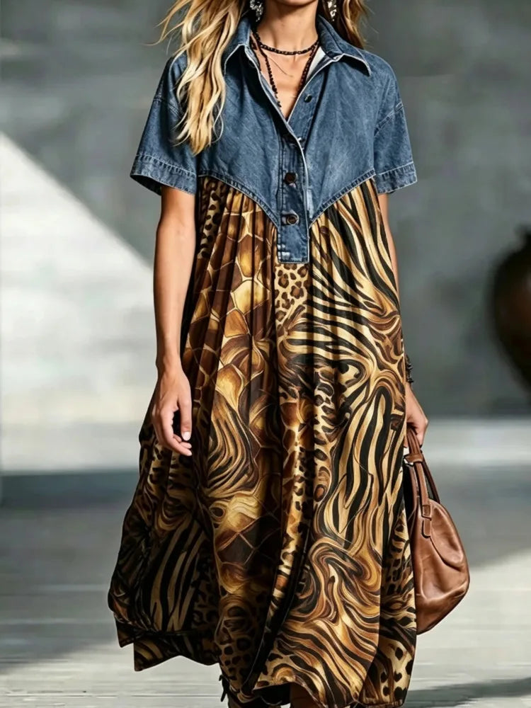 Leopard Print Denim Panel Maxi Dress