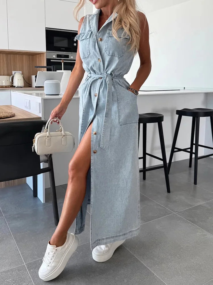 Single-Breasted Lace-Up Cardigan Dress, Women Summer Denim Style Sleeveless Maxi Dress, 2025 Solid Turn-Down Collar Ladies Dress