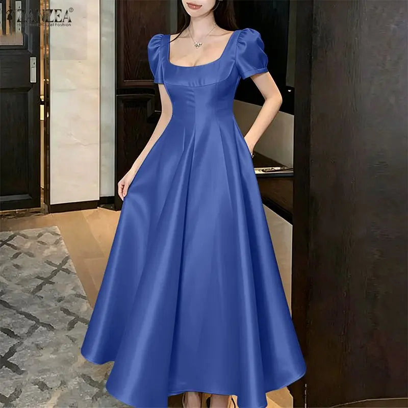 Square Neck Satin Puff Sleeve Maxi Dress