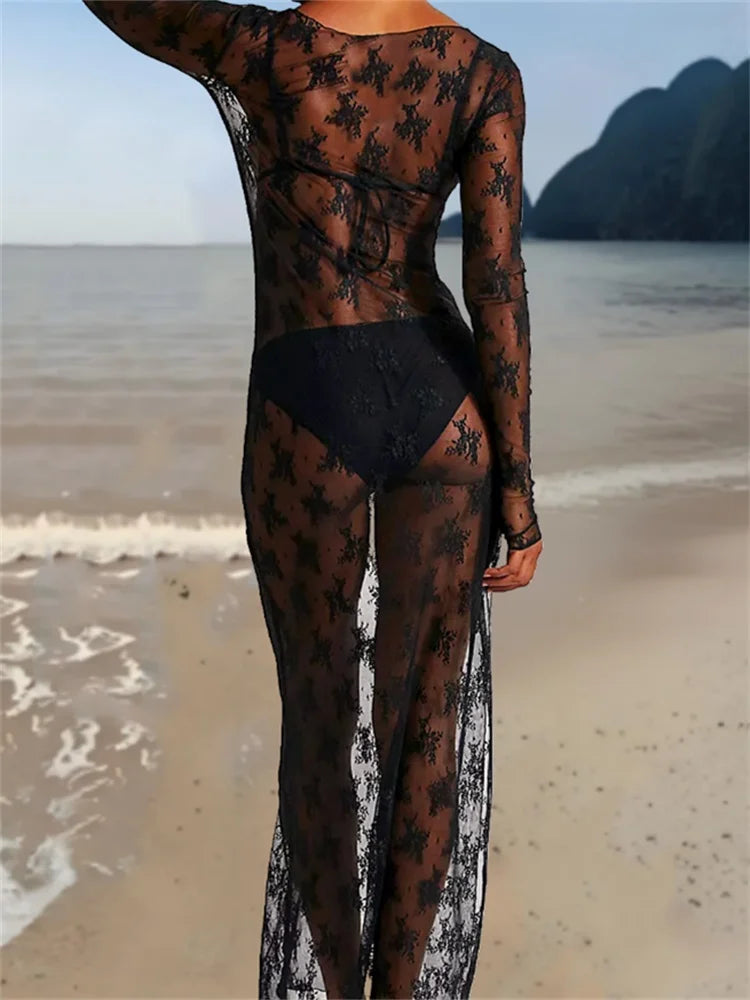 See-Through Lace Dress with Long Sleeves High Slit for Women