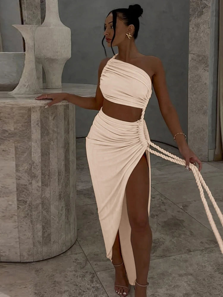 BOOFEENAA Asymmetrical Ruched Backless High Split Long Dresses 2025 Woman Summer Dress Elegant Sexy Vacation Outfits C70-FD75