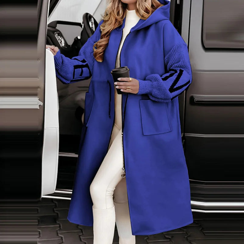 New Hooded Long Sleeve Cardigan Coat, Women Autumn Winter Simple Patchwork Zipper Jackets, Casual Lace-Up Fashion Maxi Outerwear