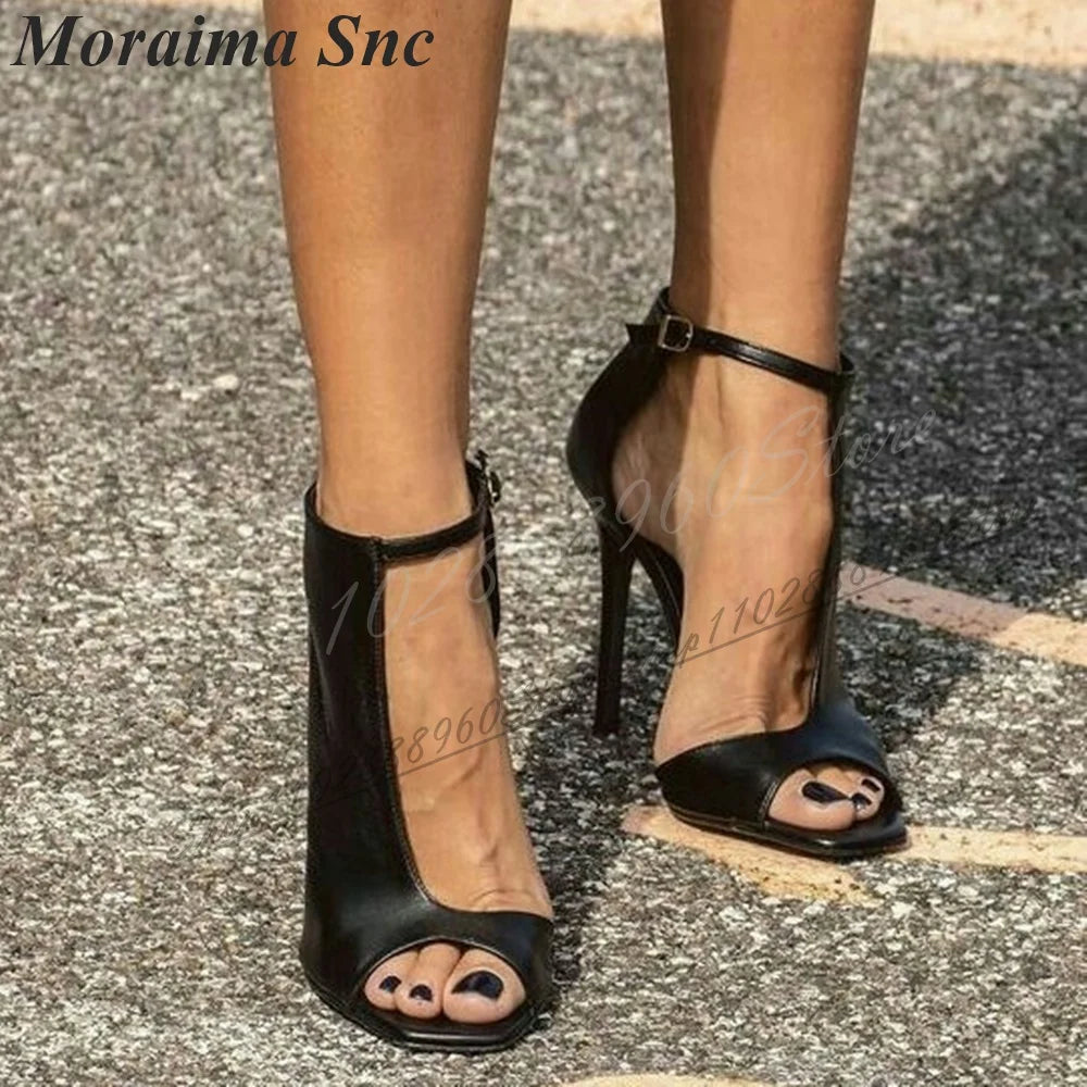 Matte Leather Peep Toe Sandals With Ankle Strap For Women