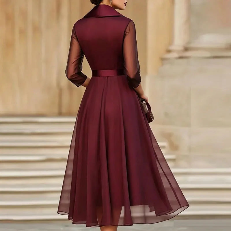 Satin A-Line Midi Dress With Sheer Sleeves for Women