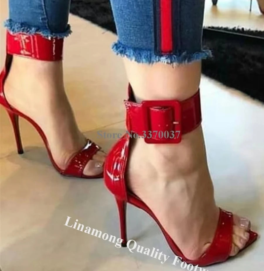 Patent Leather Buckle Strap Sandals With Stiletto Heel For Women