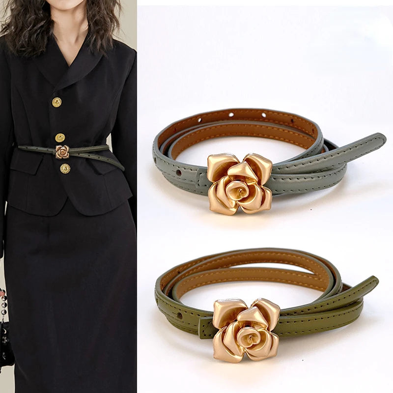Double Sided Metal Flower Buckle Thin Belt for Women