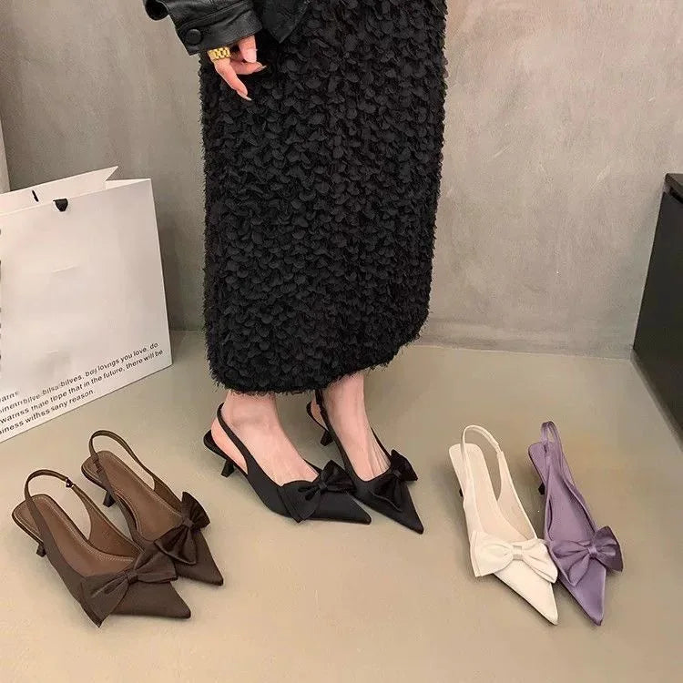 Black Pointed Toe Bow Slingback Heels