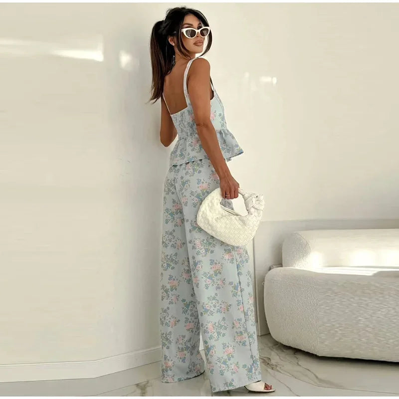 Urban Printed Vest and Wide Leg Pants Two Piece Set for Women