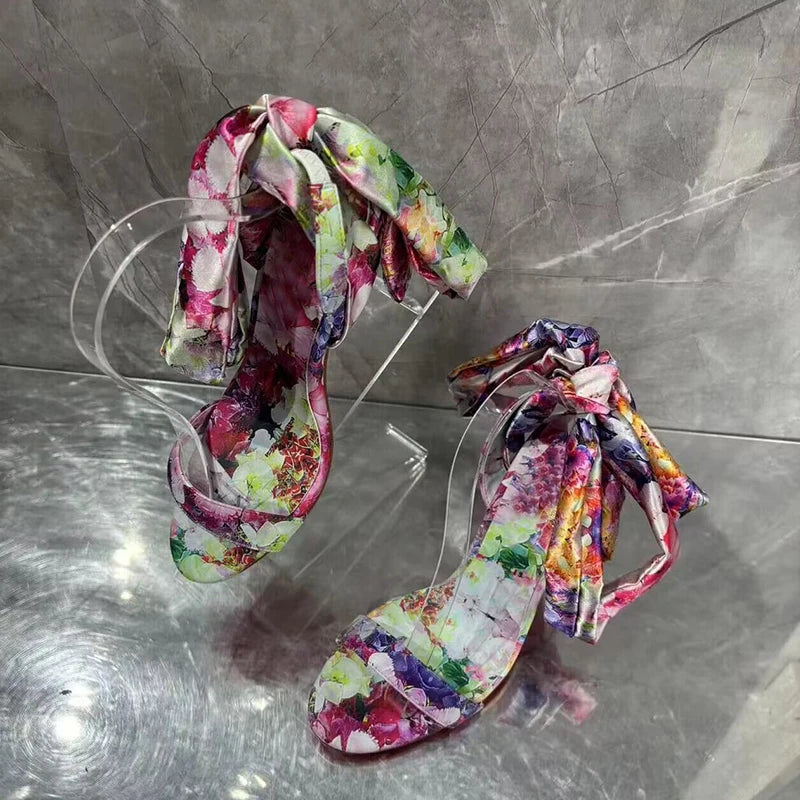Printed Satin Ankle Strap Heels