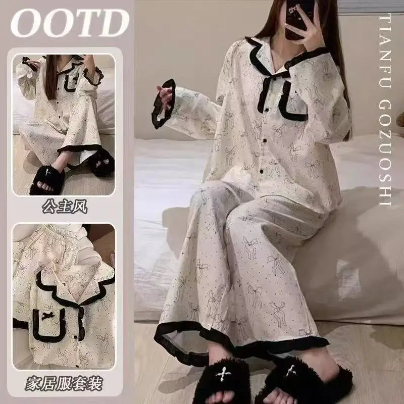 Floral Lace Bow Cardigan Pajama Set