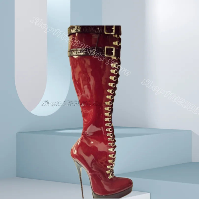 Red Patent Leather Platform Boots With Lace Up And Stiletto Heel For Women