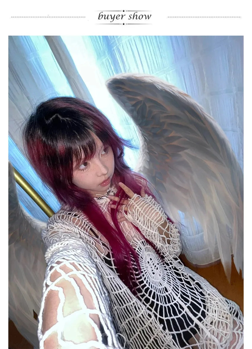 Karrram Japanese Y2k Hollow Out Knitted Top Trashy 2000s Style Spider Web Pullover Vintage Harajuku Hole Hooded Knitwear Grunge