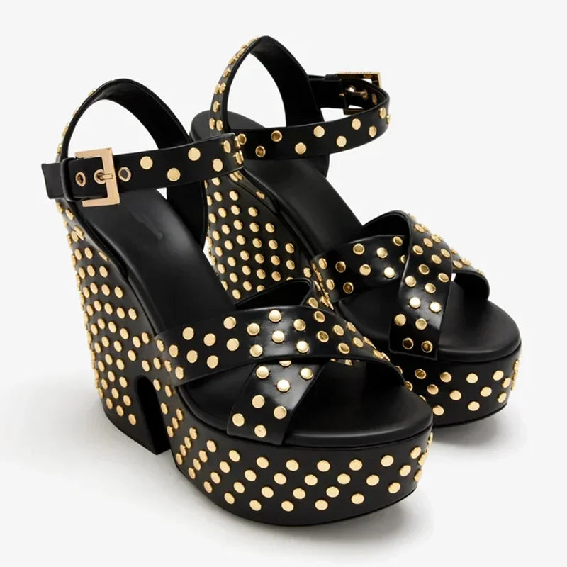 Gold Rivet High Heel Platform Leather Sandals for Women