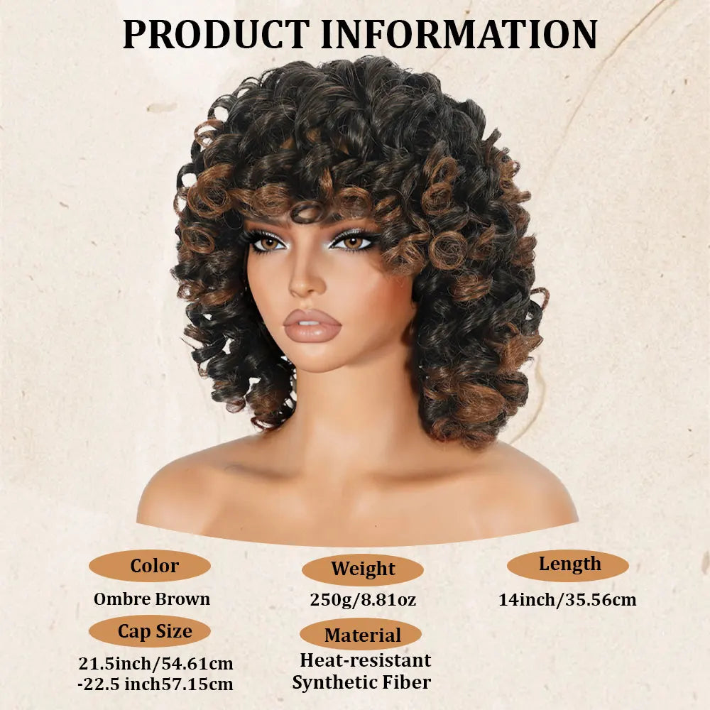 Glueless Ombre Brown Afro Curly Synthetic Wig for Women