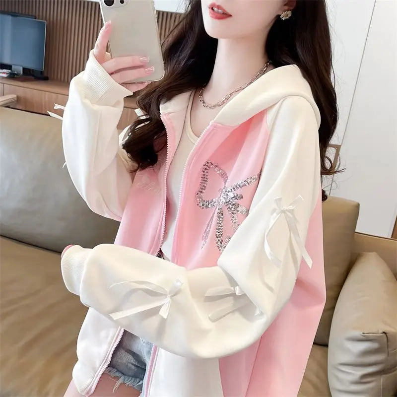 Woman Hooded Tops Bow Y2k Style Kpop Youthful Clothes Sweat-shirt Essential Matching Full Zip Up Hoodies Sweatshirt for Women