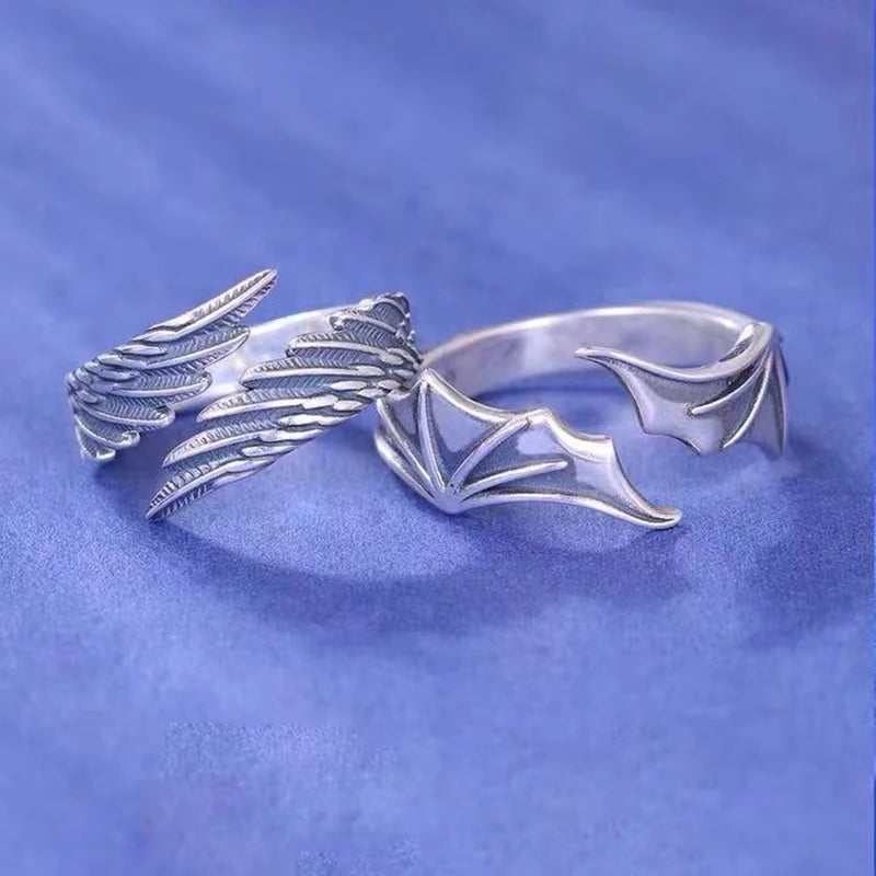 Silver Tone Angel Demon Wing Ring Set