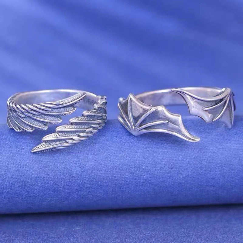 Silver Tone Angel Demon Wing Ring Set