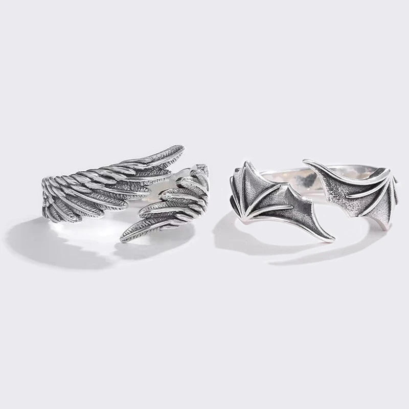 Silver Tone Angel Demon Wing Ring Set