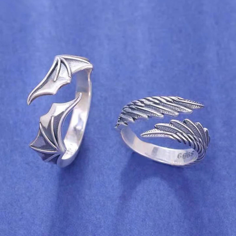Silver Tone Angel Demon Wing Ring Set