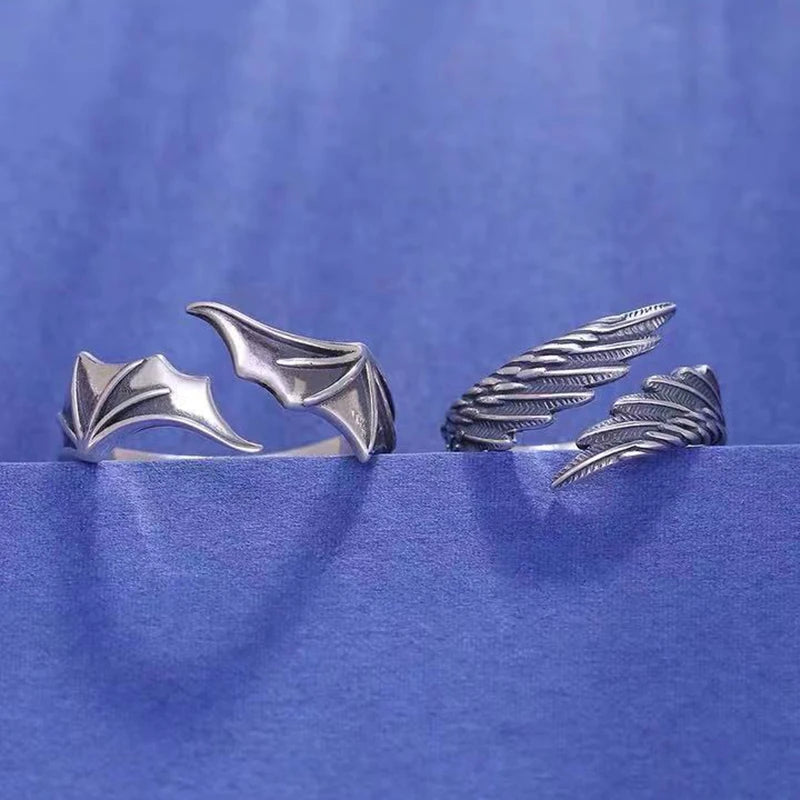 Silver Tone Angel Demon Wing Ring Set