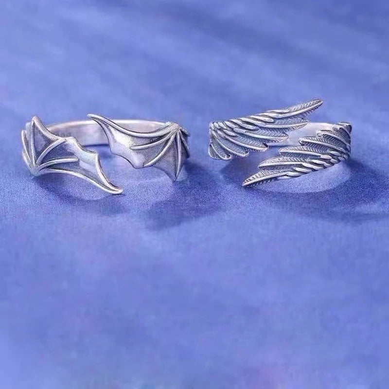 Silver Tone Angel Demon Wing Ring Set