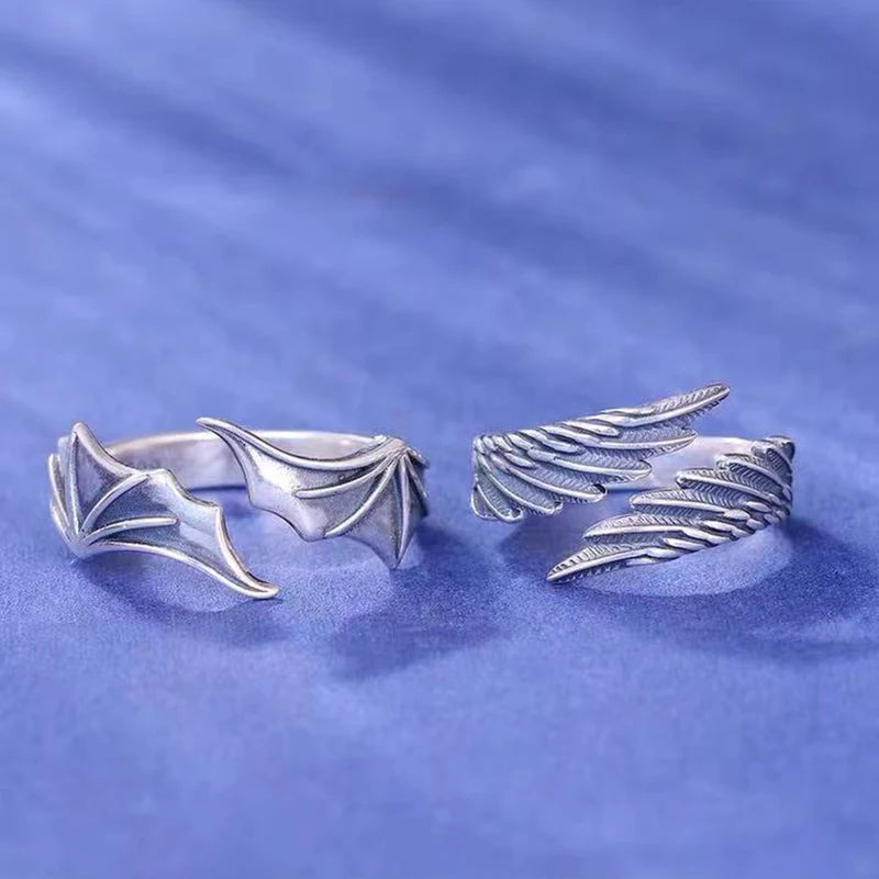 Silver Tone Angel Demon Wing Ring Set