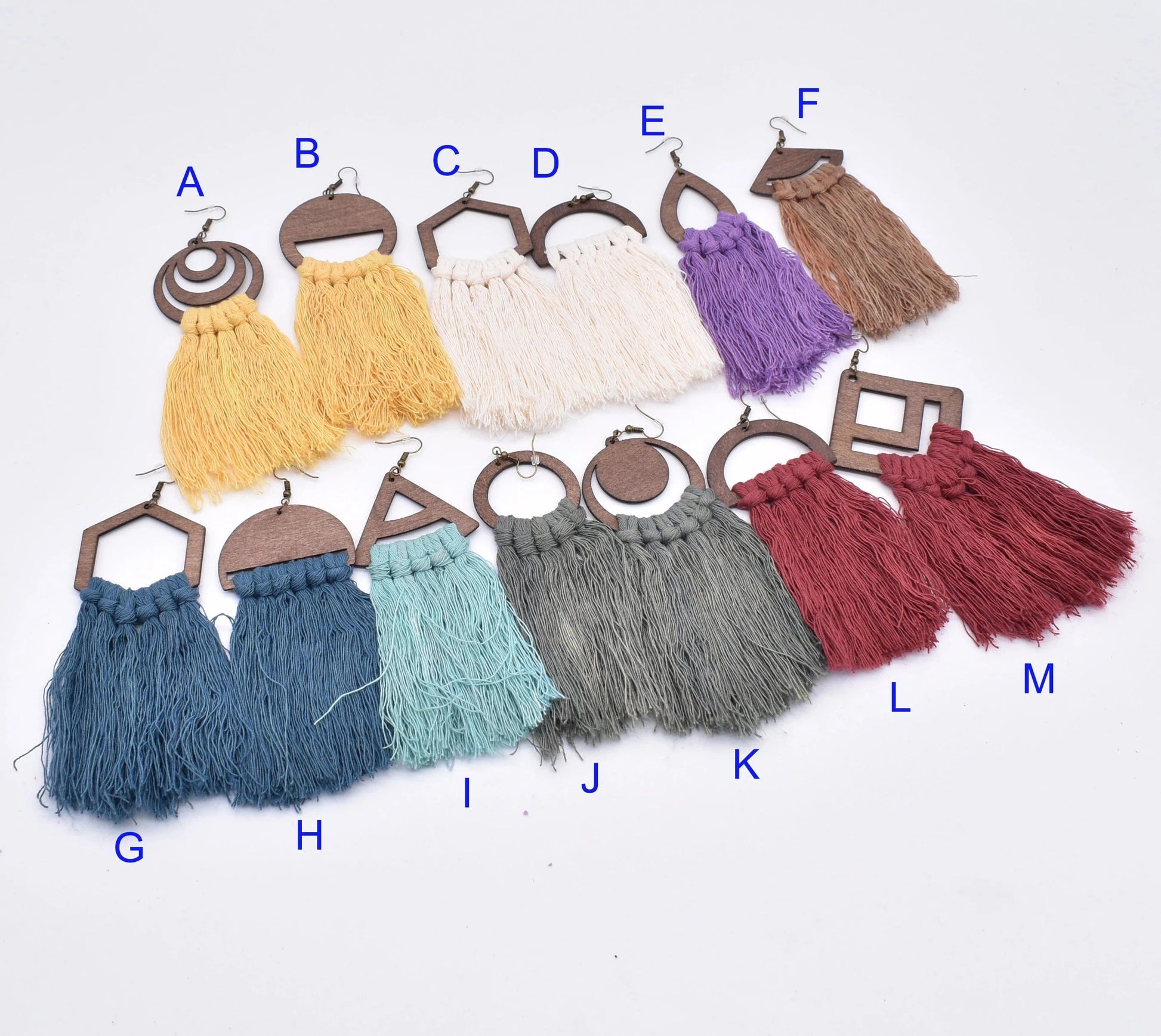 A / color Women Jewelry Tassel Macrame Earrings Fringe Wooden Custom DIY Fashion Teardrop Handmade Cotton Metal Zinc Alloy Opp Bag Heart